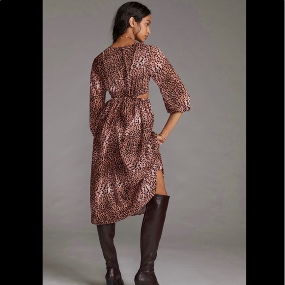 Anthropologie Cut Out Midi Dress in Brown Motif Brown animal print size XL NWT - Picture 3 of 17